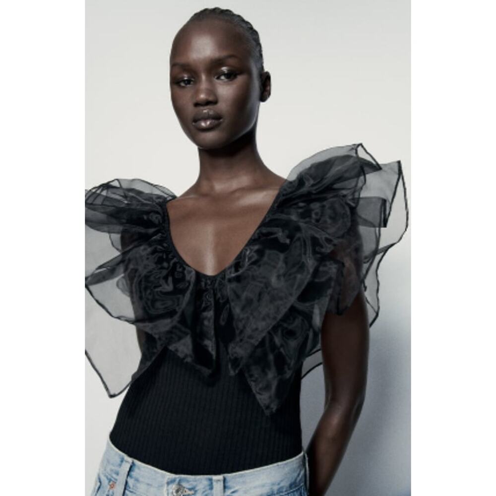 Zara Black Oversized Organza Ruffle Ribbed Bodysuit Top Deep V-Neck Small